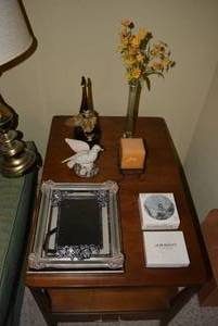 lot 36 image: Contents of Table Only Vintage Picture Frames, Dove Figurine, Candle with Wire Holder and More