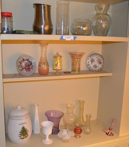lot 42 image: Contents of Shelves Includes Glass Hobnail Ruffed Basket with Handle, Vases, Cookie Jar,