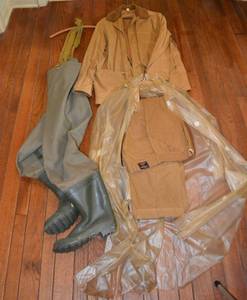 lot 50 image: JC Higgins Hunting Jacket and Pants Size 44, Waders Size 8 AND Bird Shot Shells - 7 12