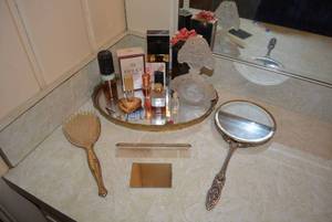 lot 95 image: Vintage Mirror, Comb and Brush Set Plus Perfume Tray Includes Unopened Coco Chanel Bottle and More