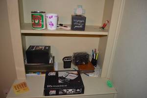 lot 108 image: Contents of Shelves Vintage Box Camera, Radio, Shoe Polishing Kit and More