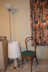 lot 111 image: Vintage Table Lamp with Gold Trim, Floor Lamp and Wooden stool