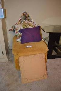 lot 112 image: Rolling Ottoman with Old Newspapers, Throw Pillows