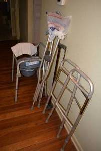 lot 129 image: Folding Walker, Cane, Crutches and Portable Potty Chair