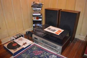 lot 142 image: Realistic CassetteRadio and Record Player, Includes Tapes, Albums and DVDs