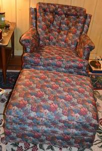 lot 148 image: Matching ArmChair and Rolling Ottoman, Grapevine Pattern