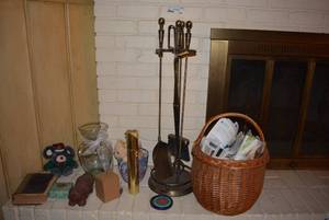 lot 159 image: Brass Fireplace Tool Set, Basket, Misc. Items, see pictures