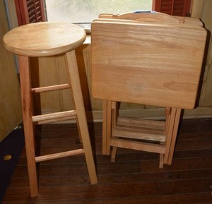 lot 135 image: Wooden TV Tray Set with Carrier and Matching Bar Stool