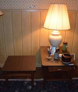 lot 147 image: Matching Vintage End Tables and Contents Includes Candle and Glass Lamp