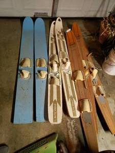 lot 326 image: 3 Pairs of Vintage Water Skis Lund Capri, Outboard Combi, Blue Wooden Skis