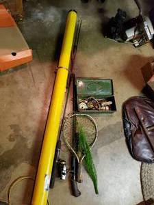 lot 337 image: Fishing Rod, Rod Caddy, Hand Fishing Net and Metal Box