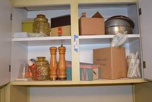 lot 166 image: Contents of Cabinet Glass Cannisters match Lot 211