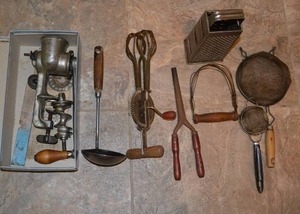 lot 174 image: Vintage Cooking Utensils Egg Beater, Wooden Handle Ladle, Climax Food Grinder