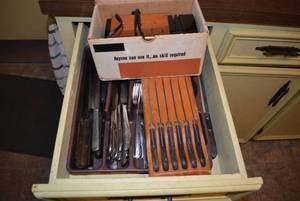 lot 183 image: Vintage Copper Oster Knife Sharpener - Model 522, Steak Knives and Silverware in Organizer