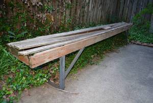 lot 276 image: Long Outdoor Bench with Metal Frame, Boards need updated Approx. 12 Ft.