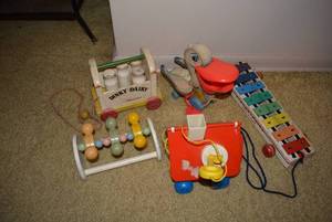 lot 228 image: Vintage Toys FP-Rolling Duck, Xylophone, Dinky Dairy Cart and Milk Jugs, House with Key