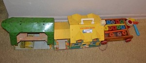 lot 232 image: Fisher Price Play Family House, Playskool Wooden Blocks and Cart
