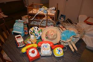 lot 226 image: Toys on Table Vintage Phones, Tom Thumb Cash register, Doll Bunk Beds and more