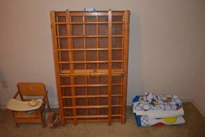 lot 266 image: Vintage Wooden Play Pen (For Display Only), Hedstrom Potty Chair and Baby Blankets