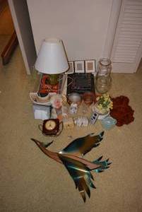 lot 268 image: Vintage Rubber Face Furry Monkey, Bird Wall Art Sculpture, Sheet Music, Vintage Table Lamp, Vintage GE Alarm Clock and More