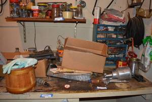 lot 308 image: Contents of Work Table Sears Paint Sprayer, Small Drawer Bin Cabinets, and More