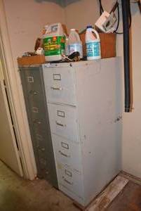 lot 315 image: 2 File Cabinets and Contents Bug Stop, Cleaners, and more