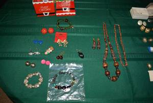 lot 58 image: Wooden Necklace and Earring Set, Brown Chip Bead Necklace, and Misc. Costume Jewelry