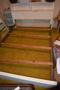 lot 194 image: Queen Bed Frame Painted Shelf Headboard, Metal Frame and Slats