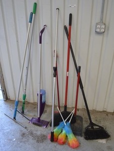 lot 85 image: Brooms, Dusters, Swiffer Mop and Squeegies