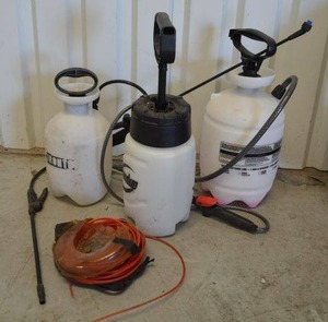 lot 101 image: 3 Hand Pump Sprayers and Weed Eater Trimmer Line