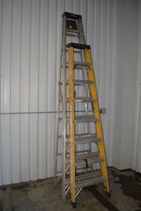 lot 99 image: 2 Ladders 10 foot Werner Aluminum Ladder and 8 foot Green Bull Fiberglass Ladder