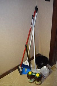 lot 16 image: 2 Unopened Large Bottles of Pine-Sol, Mop, Broom, Bucket