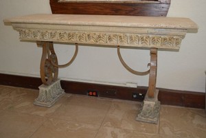 lot 28 image: Iron and Concrete blend Entry Table Back Corner has chip, see pictures