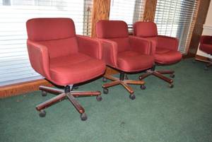 lot 41 image: 3 Red Cushioned Office Chairs Wood and Metal Base