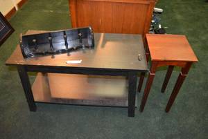 lot 55 image: 2 End Tables and Wooden Peg Coat Hanger, see pictures
