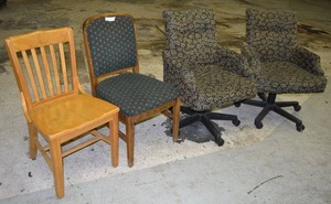 lot 74 image: Wooden Chair (From AAA Furniture Wholesale), Wooden Padded Chair and 2 Padded Rolling Armchair