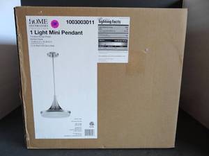 lot 134 image: Home Decorators Collection 1-Light Brushed Nickel Contemporary Mini Pendant - NEW IN SEALED BOX