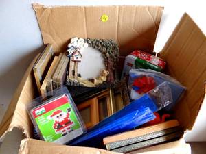 lot 216 image: BOX LOT FULL OF SMALL FRAMES AND KNICK KNACKS