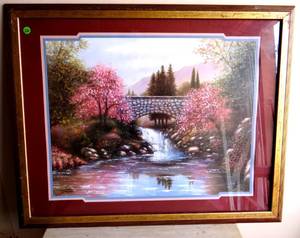 lot 220 image: BRIDGE OVER WATER PRINT - DOUBLE MATTED & FRAMED - MEASURES 24 X 31