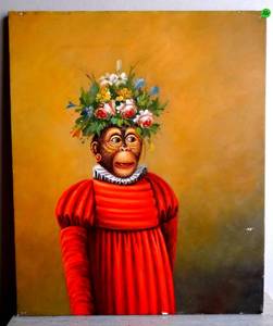 lot 221 image: ORIGINAL OIL PAINTING - MONKEY IN THE STYLE OF CARMEN MIRANDA - A REAL CONVERSATION PIECE - MEASURES 20 X 24