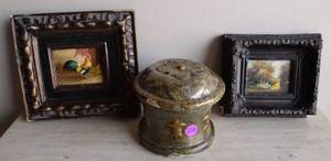 lot 226 image: TWO MINIATURE OIL PAINTINGS IN ORNATE FRAMES AND CERAMIC DISH W LID