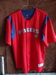 lot 301 image: NOLAN RYAN - TEXAS RANGERS TRUE FAN BASEBALL SHIRT - LETTERS SEWN ON - EMBROIDERED EMBLEM - MENS SIZE LARGE - GREAT CONDITION