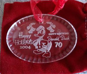 lot 11 image: RARE - DISNEY WATERFORD DONALD DUCK 2004 HAPPY 70TH BIRTHDAY CRYSTAL ORNAMENT - $$$
