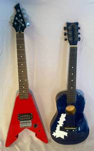 lot 23 image: 2 First Act Guitars, Red Electric, has input jack to be installed. Wooden Acoustic first Act Guitar