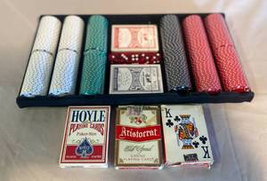 lot 24 image: Poker Set 300 chips, sealed, 5 die, 5 decks of cards, 2 still sealed