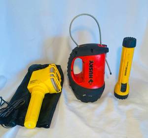 lot 80 image: RadioShack Car Trouble light with tripod stand wbag Husky Flashlight and a Rayovac industrial Flashlight