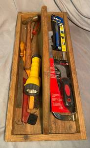 lot 113 image: Wooden Carrying Tray with Misc. Tools