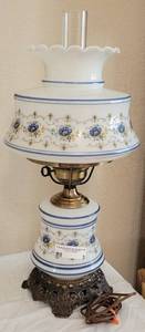 lot 3 image: VINTAGE GONE WITH THE WIND HAND PAINTED MILK GLASS STYLE ELECTRIC LAMP IN STYLE, COLOR, AND CONDITION SHOWN. Approx. 11 x 24.