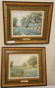 lot 7 image: FRAMED PORFIRIO SALINAS BLUEBONNET TIME AND BLUEBONNET TRAIL PAINTINGS AS SHOWN. (YOUR BID X 2) Each approx. 17.5 x 15 with frame.