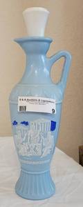 lot 9 image: VINTAGE 1961 ORIGINAL JIM BEAM GREEK PHILOSOPHERS LIGHT BLUE MILK GLASS WHISKEY DECANTER WITH STOPPER AS SHOWN. Approx. 13.5  high.